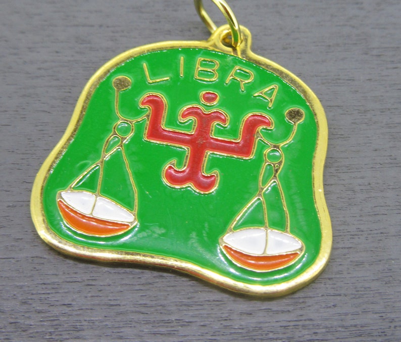 Enamel Libra Zodiac Charm or Pendant Libra Scales of Justice Charm Green and Yellow Enamel on Gold Tone
