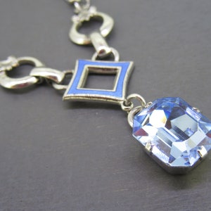 Art Deco Sterling & Enamel Pendant Necklace with Blue Enamel and Light Blue Glass Rhinestone, AMCO Sterling