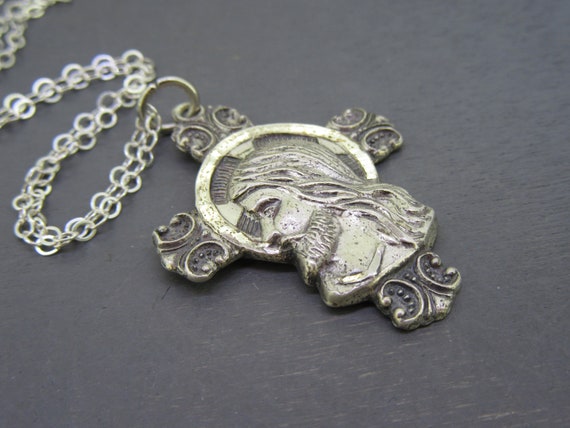 Vintage Sterling Jesus Cross Pendant Necklace wit… - image 2