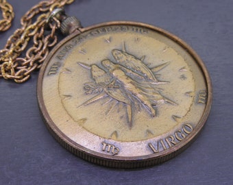 Large Vintage Virgo Zodiac Pendant Necklace with Double Sided Coin with 24" Chain
