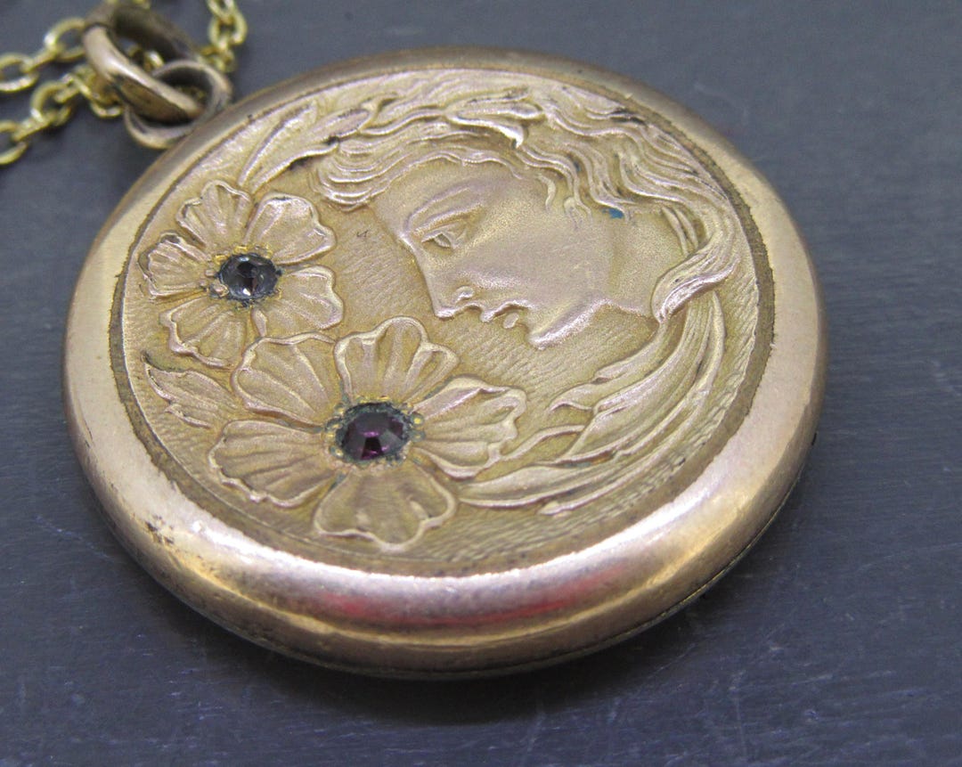 Antique Art Nouveau Lady Locket Necklace, Floral Portrait Gold Tone ...