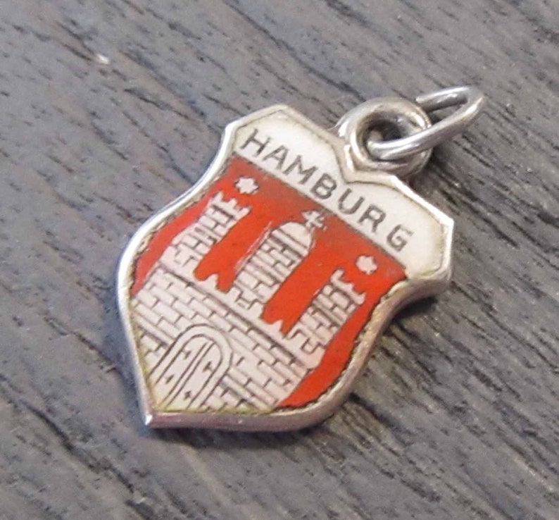 Sterling Silver 835 Silver Charm Hamburg Souvenir Bracelet Charm Enamel Shield Charm Red /& White Hamburg Germany Charm