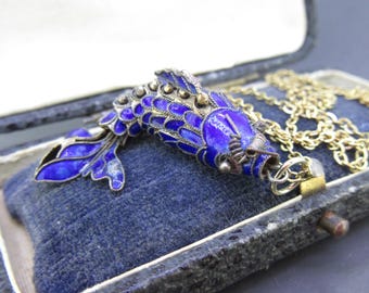 Vintage Articulated Blue Enamel Fish Pendant Necklace, Moving Fish Charm, Asian Cloisonné Style Koi Gold Tone Necklace