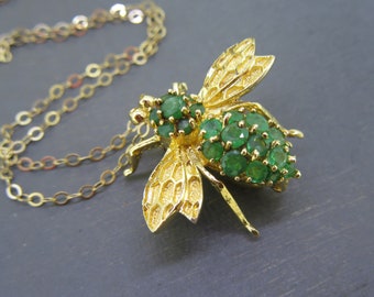 Vintage 14k Gold Natural Emerald Bug Pendant Necklace on 16" Gold Filled Chain