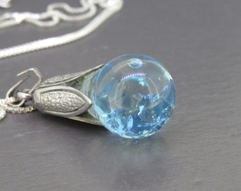 Vintage Floating Rhinestone Pendant Necklace with Sterling Silver Chain, Blue Rhinestones with 18" Chain