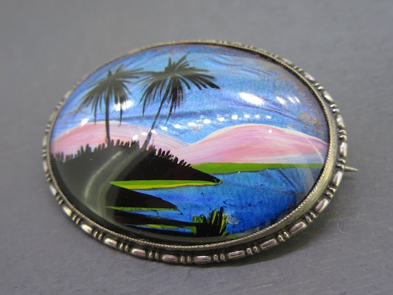 Vintage Sterling Butterfly Wing Brooch With Tropical Palm Tree 