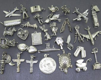 CHOICE Vintage Sterling Bracelet Charm, Padlock Heart, Movable Bunny, Cartoon Dog, Movable Bird, Harmonica, Totem Pole, Dog, Plane, Sailor