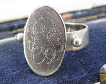 Vintage Mexican Sterling Silver Monogram Ring, Oval Engraved PSS Initial Signet Ring, MEXICO 925 MLV, Size 6.25–6.5