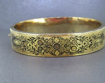 6 1/2" Antique Gold Filled Bangle Bracelet with Black Enamel Detail