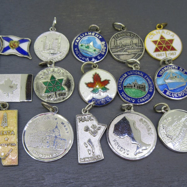 CHOICE Vintage Sterling and/or Enamel Canada Charm, Nova Scotia, Toronto, Victoria British Columbia, Quebec, Yarmouth, Alberta, Manitoba