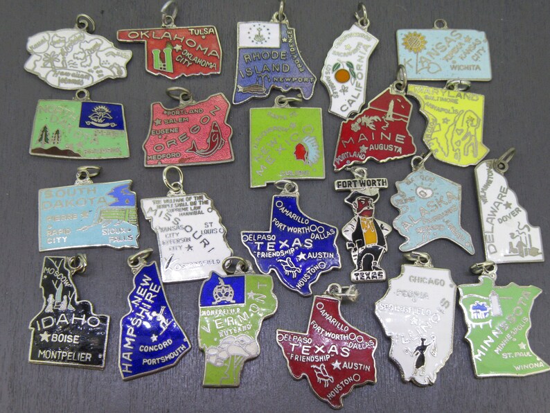 CHOICE Vintage Enamel State Map Charm, Hawaii, Oklahoma, Texas, Rhode