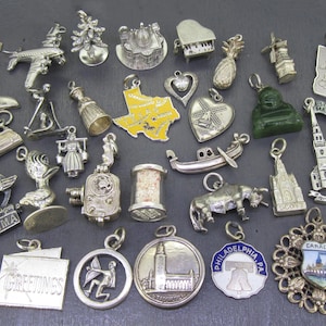 CHOICE Vintage Sterling Bracelet Charm, Eiffel Tower, Windmill, Georgia Map, Rome SPQR, Bull, Boston North Church, Movie Camera, Perkeo