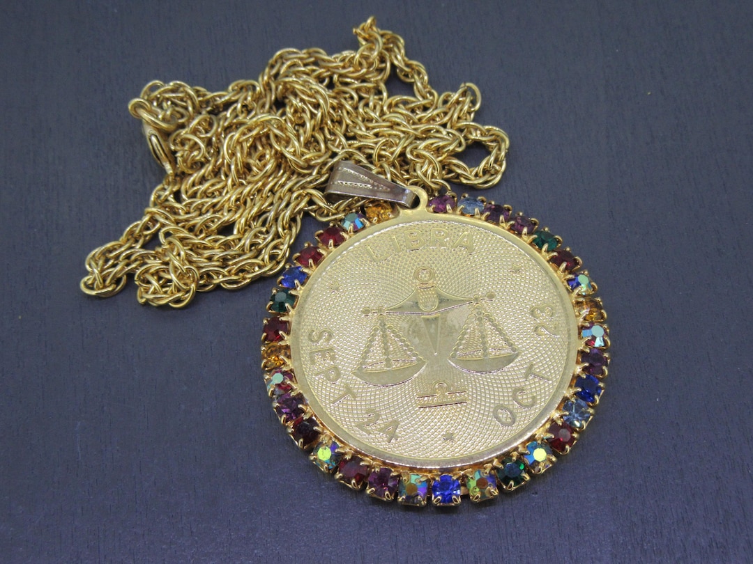 Libra Rhinestone Vintage Rhinestone Libra Zodiac Pendant Necklace With Rhinestone Border ...