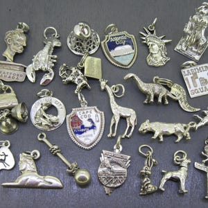 WAHL Vintage Sterling Armband Charm, Beweglicher Hund, Cape Cod, Atlantik-Stadt, Afrika Karte, Dinosaurierland Utah, Hummer, Lady Liberty