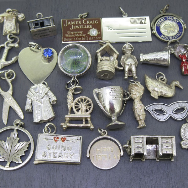 CHOICE Vintage Sterling Silver Variety Charms, James Craig Jeweller, Desk, House, Going Steady, Four Leaf Clover, House, Mink Coat, Devil