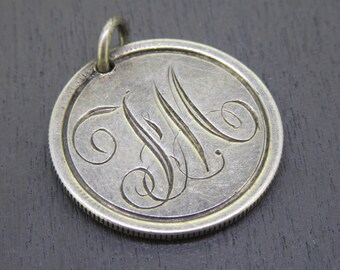 1877 Antique Sterling Love Token Charm or Pendant, Monogrammed JM Love Token Charm, Antique Sterling Silver Seated Liberty Dime