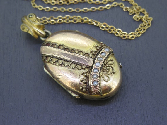 Antique Etruscan Oval Locket Necklace with Seed P… - image 2