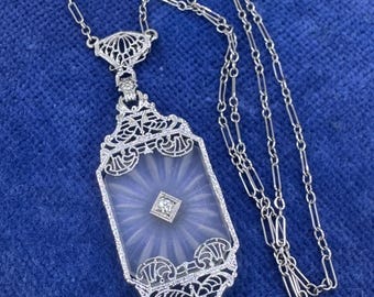 Antique Art Deco 14K White Gold Rock Crystal Diamond Pendant Necklace, Filigree Camphor Glass Style Necklace