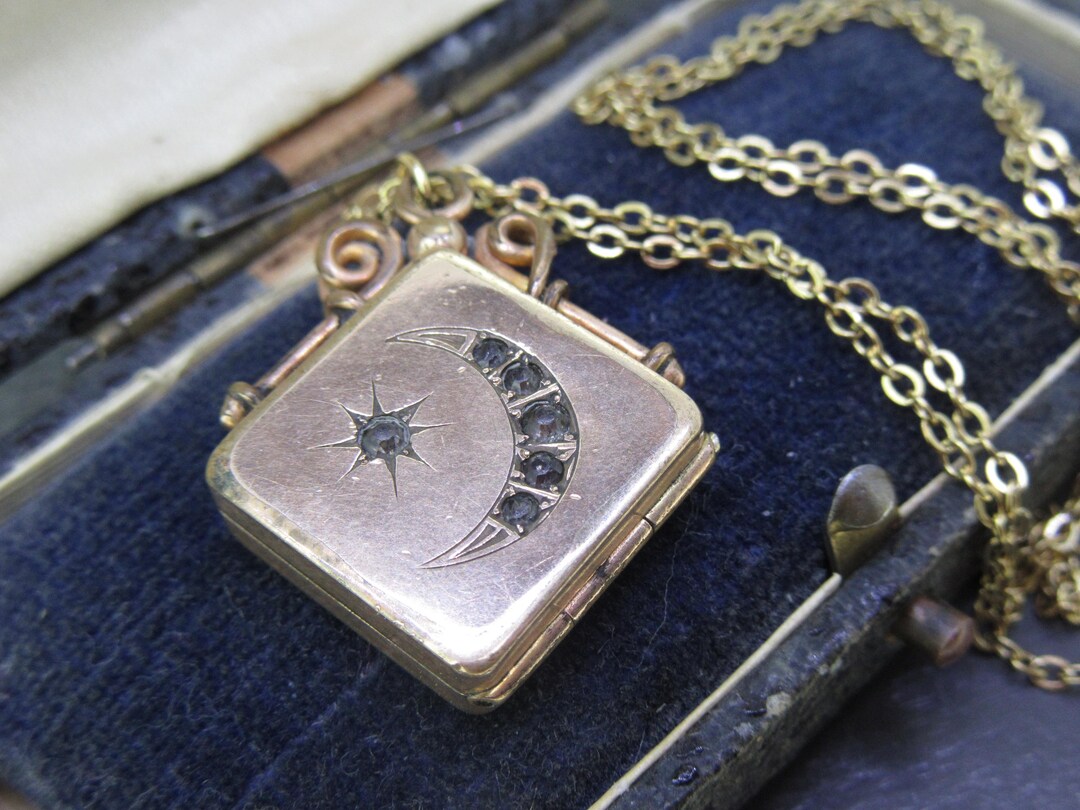 Antique Crescent Moon Locket Necklace, Victorian Revival Rhinestone ...