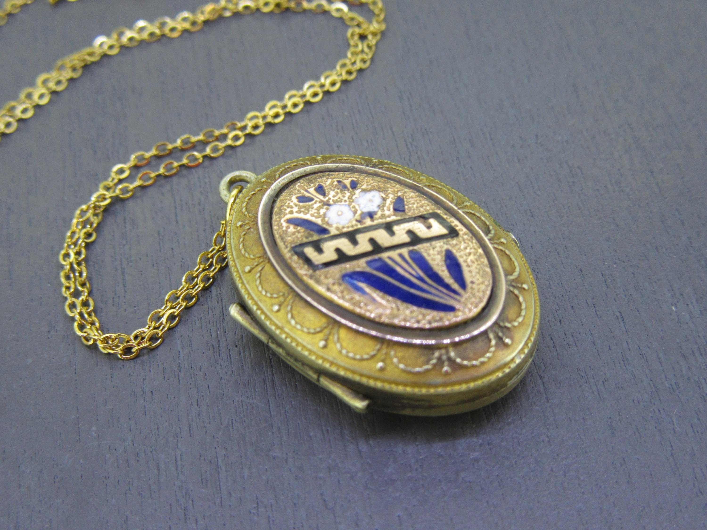Collier Ancien Avec Médaillon émaillé Fleur Bleu - Argenté, Occasion