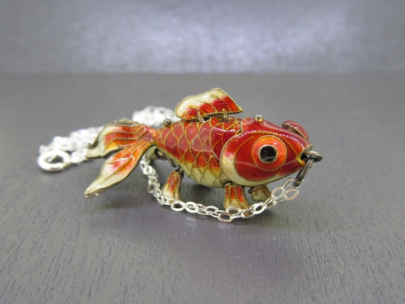 Vintage Sterling Enamel Articulated Goldfish Fish… - image 1