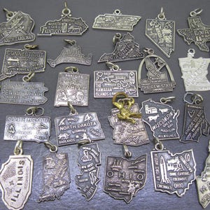 May include: A collection of silver-toned metal charms shaped like various U.S. states, each featuring embossed text of the state name, major cities, and landmarks. Two charms include small attached gold-toned animal figures, specifically a ram and a bird.