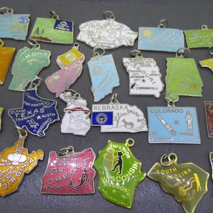 Könnte beinhalten: Eine Sammlung von Vintage-Emaille-Anhängern in Form von US-Bundesstaaten. Jeder Anhänger hat eine andere Farbe und zeigt den Namen des Staates und manchmal ein Wahrzeichen oder Symbol. Die Anhänger sind an kleinen goldfarbenen Schlaufen befestigt.