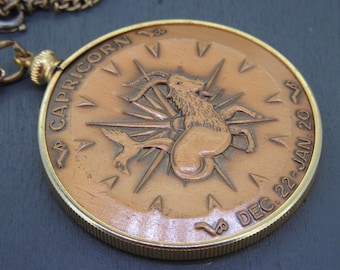 Large Vintage  Zodiac Bronze Pendant Necklace with Double Sided Coin on 24" Chain