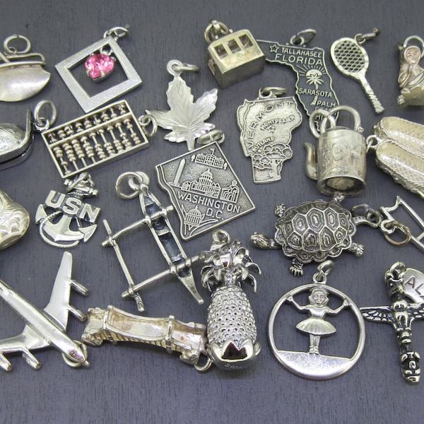 CHOICE Vintage Sterling Charm, Plane, Abacus, Crutch, Washington DC, Alaska Totem Pole, Bowl of Pho, Turtle, Nurse Hat, Pink Heart, USN