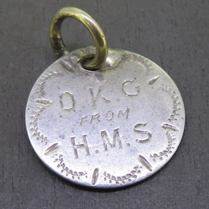 Rare Antique Sterling Love Token Charm or Pendant, Monogrammed OKG From HMS Initial Love Token Charm, Victoria Dei Gratia Regina Canada