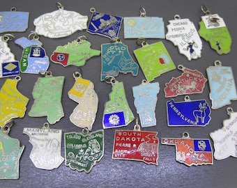 CHOICE Vintage Enamel State Map Charms, Travel Souvenir Charms, Hawaii, Washington DC, Pennsylvania, Oklahoma, Wisconsin, Bracelet Charm