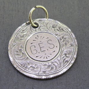 1891 Antique Sterling Love Token Charm or Pendant, Engraved GES Initial Monogram Love Token Charm, Sterling Silver Seated Liberty Dime
