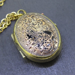 Victorian Swallow Bird Oval Locket Necklace with 18&quot; Chain