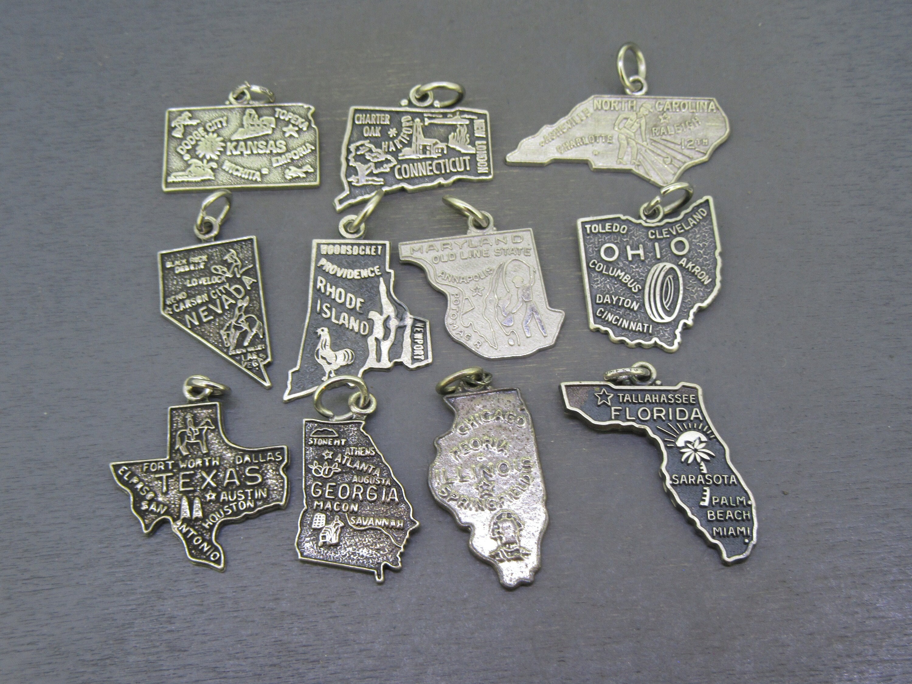 Choice Vintage Sterling State Map Charm of Kansas Connecticut North Carolina Nevada Rhode Island Maryland Ohio Texas Georgia Etsy