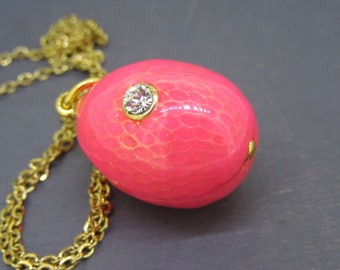 Vintage Bright Pink Guilloche Enamel Egg Pendant Necklace with 18" Chain with Rhinestone Accent