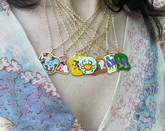 Vintage 70s Enamel Zodiac Pendant Necklace with 18&quot; Gold-Plated Chain