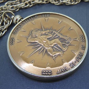 Large Vintage Aquarius Zodiac Bronze Pendant Necklace with Double Sided Coin on 24&quot; Chain