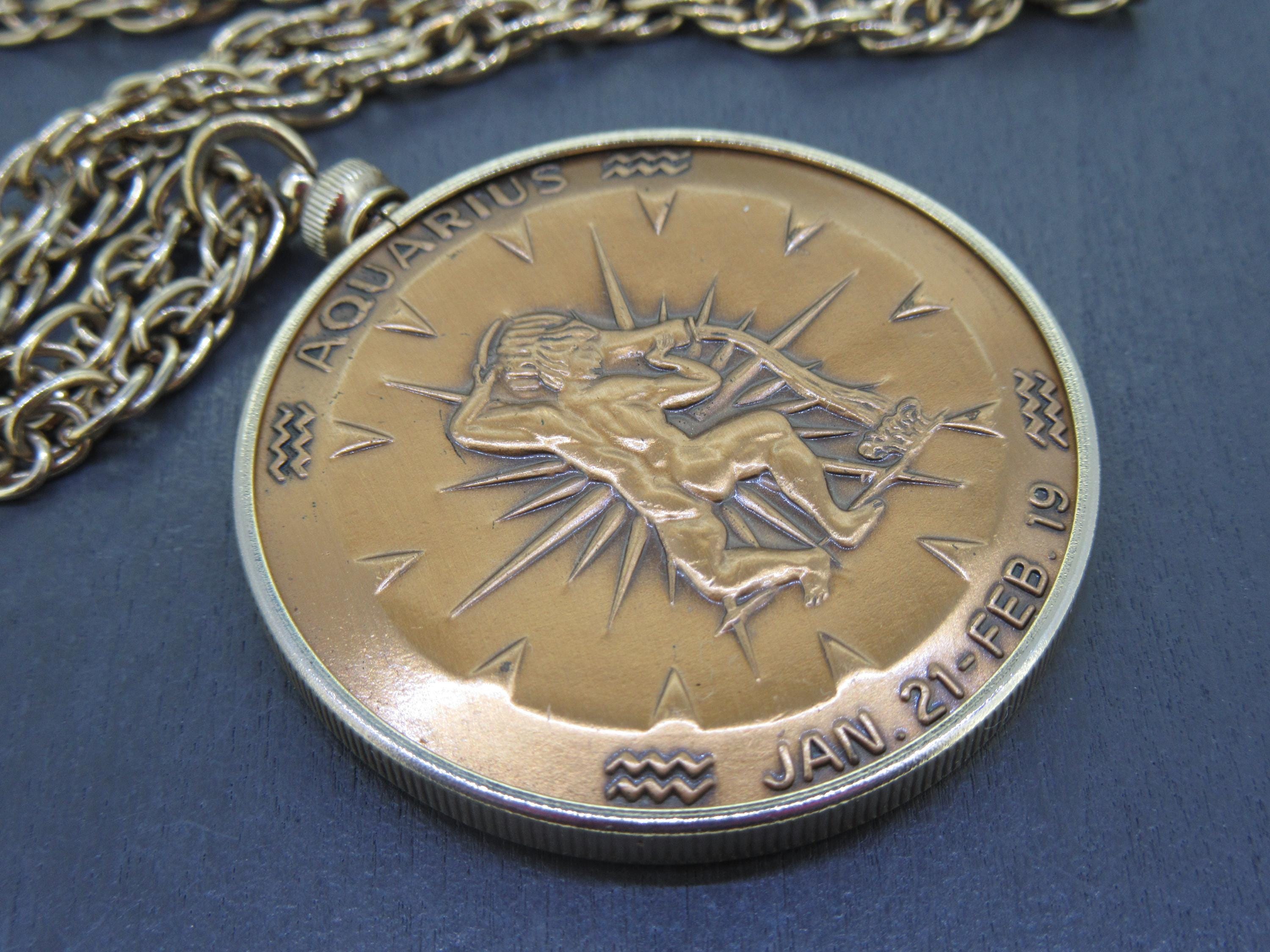 Large Vintage Aquarius Zodiac Bronze Pendant Necklace With Double