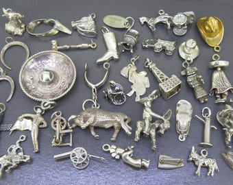 CHOICE Vintage Sterling Silver Southwest Western Charm Lot, Cowboy Horse Donkey Sombrero Saddle Kachina Bull Cannon Totem