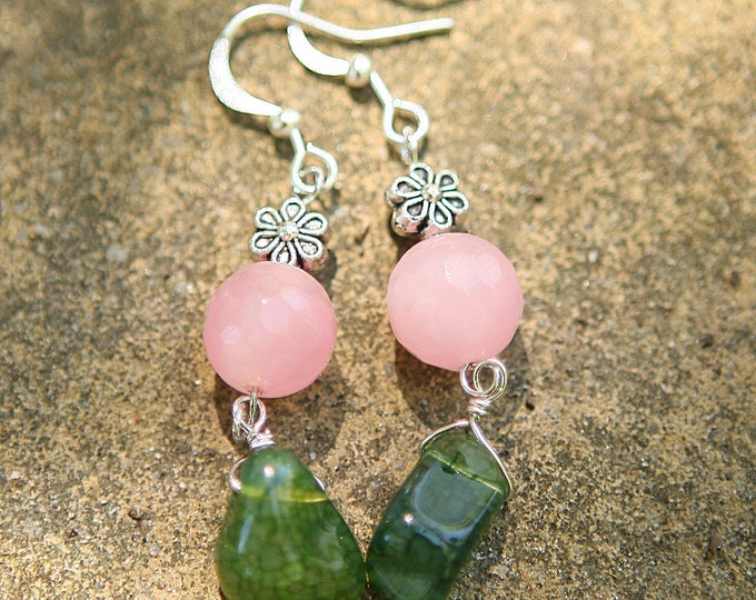 Pink & Green Jade Natural Gemstone Earrings Jamie's Hand Made Tibethan