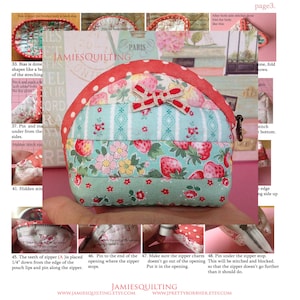 May include: A step-by-step guide for making a small, red and green fabric pouch with a strawberry print. The pouch has a zipper closure and a bow on the top. The instructions include pinning, stitching, and attaching the zipper. The text "JAMIESQUILTING" is visible at the bottom of the image.