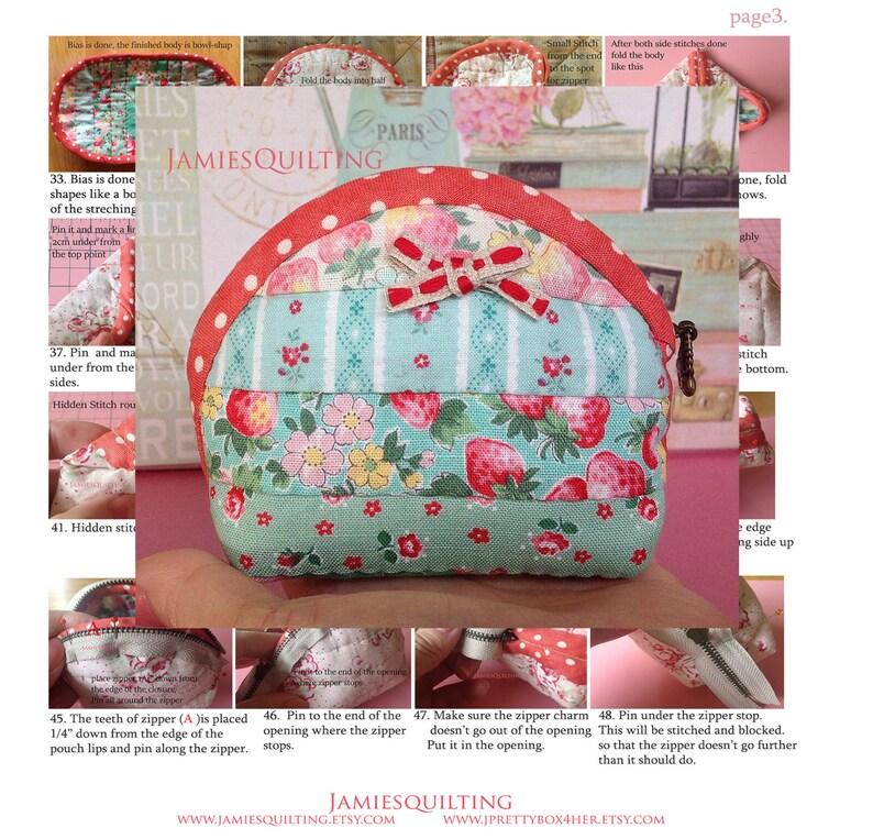May include: A step-by-step guide for making a small, red and green fabric pouch with a strawberry print. The pouch has a zipper closure and a bow on the top. The instructions include pinning, stitching, and attaching the zipper. The text "JAMIESQUILTING" is visible at the bottom of the image.