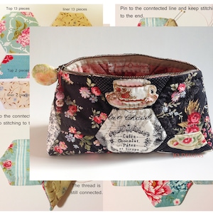 May include: A black quilted fabric pouch with a zipper closure. The pouch is decorated with floral fabric scraps and a vintage-style label that reads "Hat Chaud Cafés Chocolat, Pâtes et Sirops".