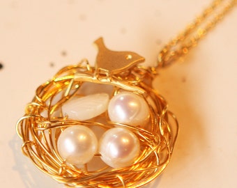 Lovely Gold Bird Nest Necklace Pendant Fresh Water Pearl Wire Wrapped Jamie's Handmade Christmas Jewelry  Wedding Special Gift