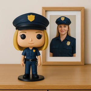 Peut inclure: Une figurine Funko Pop d'une policière en uniforme bleu foncé, chapeau et insigne, sur une base noire. Une photo encadrée d'une femme en uniforme similaire est en arrière-plan. La figurine a les cheveux blonds et une expression souriante.