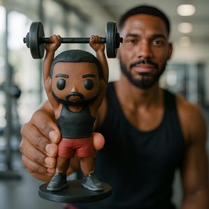 Puede incluir: Una figura de un levantador de pesas con una camiseta sin mangas negra y pantalones cortos rojos, levantando una barra. La figura tiene una tez oscura, barba y está sobre una base negra. La barra tiene pesas negras en cada extremo. El fondo está borroso.