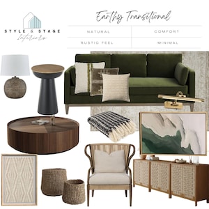 Tablero de inspiración prediseñado para sala de estar con un toque terroso, servicios de diseño de interiores virtuales, diseño de interiores, plantilla de tablero de inspiración, diseñador de interiores