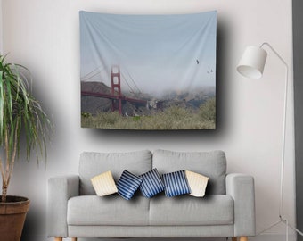 Foggy San Francisco Wall Tapestry - City Bridge Wall Decor - Scenic Indoor Fabric wall Hanging - Home Decor wall Art Living Room or Bedroom