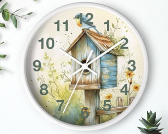 Blue Bird House Wall Clock - Charming Cottage Core Decor, Wall Decor, Perfect Living Space Accent - Office Decor, Gift for Nature Lover