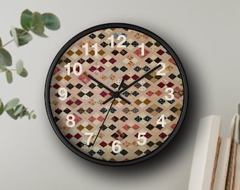 Diamond Quilt Print Wall Clock - Rustic Home Decor, Farmhouse Wall Decor, Cottage Core Clock, Country Living Housewarming Gift